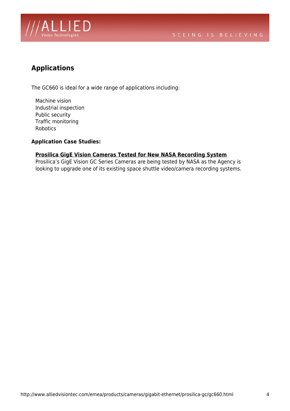 Applications | ALLIED Vision Technologies Prosilica GC660 User Manual | Page 4 / 4