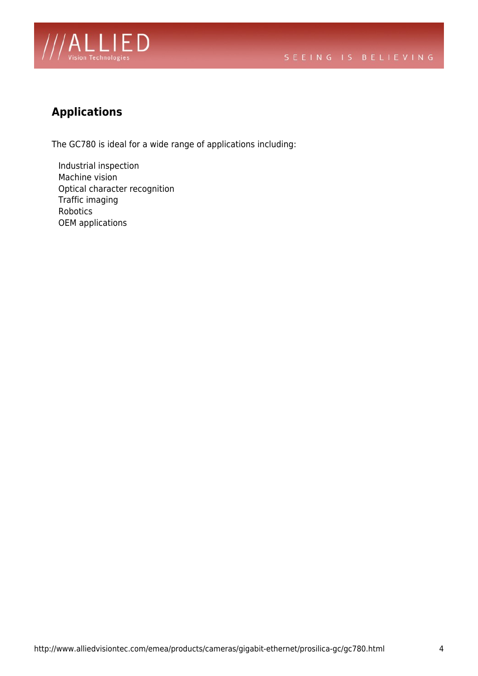 Applications, Machine vision, Optical character recognition | Traffic imaging, Robotics, Oem applications | ALLIED Vision Technologies Prosilica GC780 User Manual | Page 4 / 4
