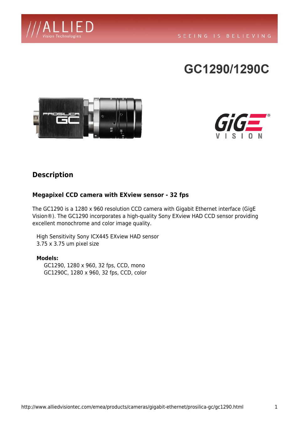 ALLIED Vision Technologies Prosilica GC1290 User Manual | 4 pages