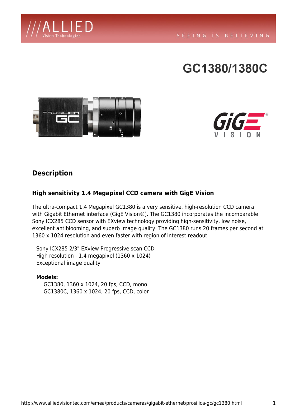 ALLIED Vision Technologies Prosilica GC1380 User Manual | 4 pages