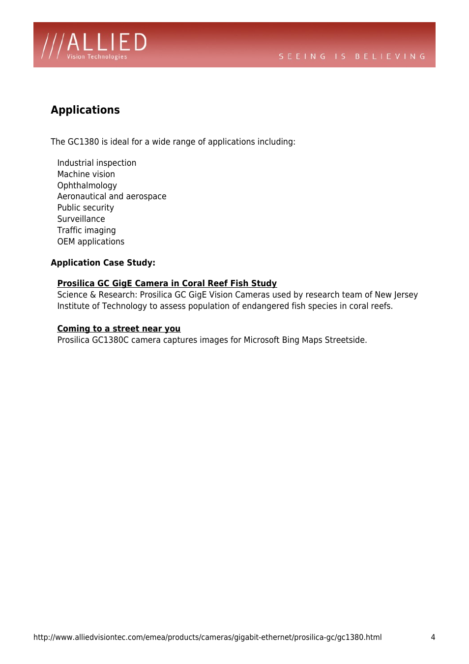 Applications, Machine vision, Ophthalmology | Aeronautical and aerospace, Public security, Surveillance, Traffic imaging, Oem applications | ALLIED Vision Technologies Prosilica GC1380 User Manual | Page 4 / 4