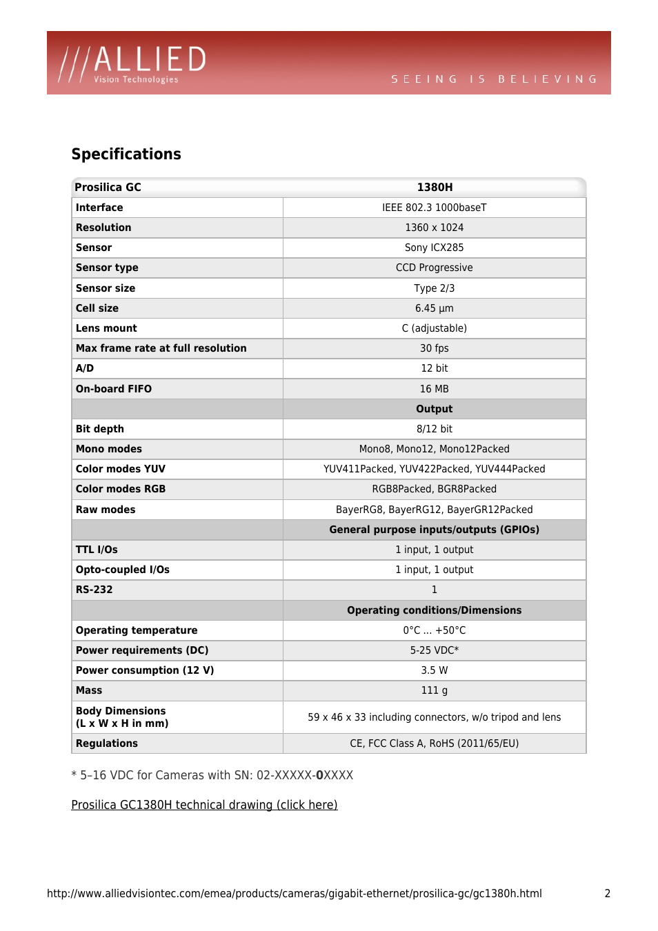 Specifications | ALLIED Vision Technologies Prosilica GC1380H User Manual | Page 2 / 4