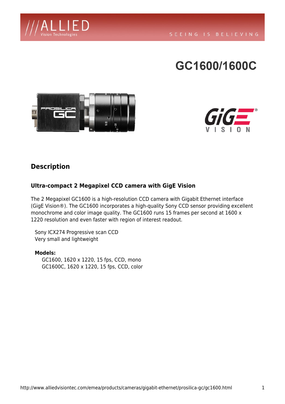 ALLIED Vision Technologies Prosilica GC1600 User Manual | 4 pages