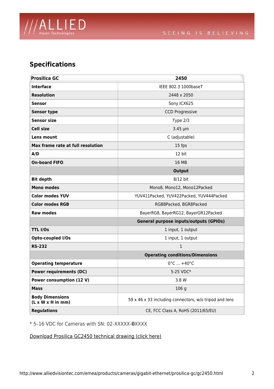 Specifications | ALLIED Vision Technologies Prosilica GC2450 User Manual | Page 2 / 4