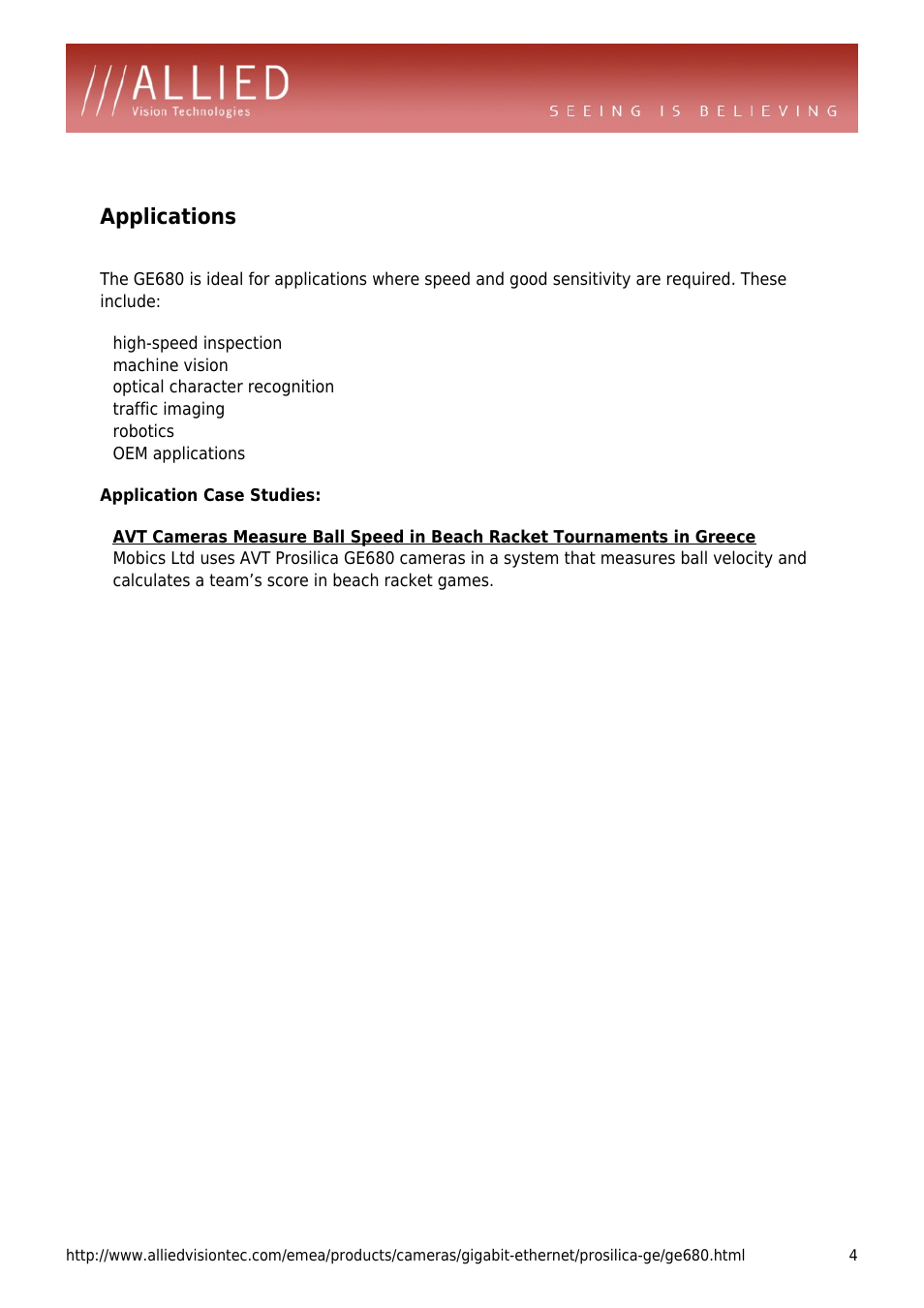 Applications | ALLIED Vision Technologies Prosilica GE680 User Manual | Page 4 / 4