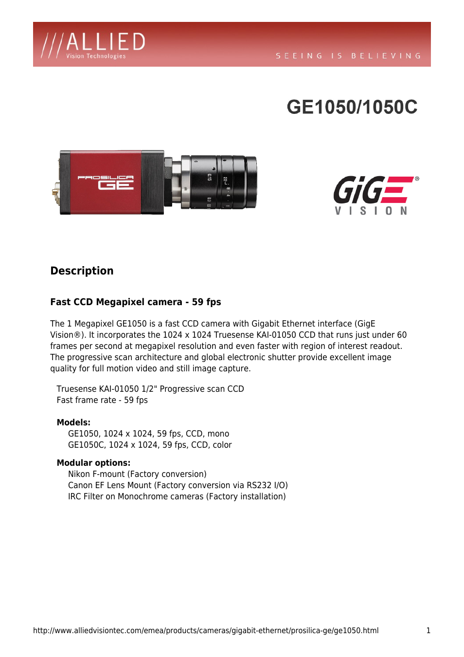 ALLIED Vision Technologies Prosilica GE1050 User Manual | 4 pages
