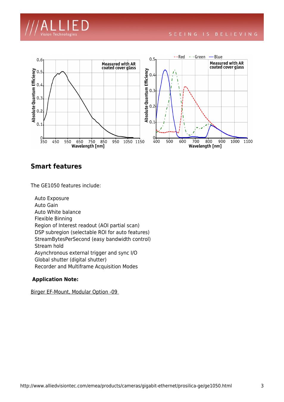 Smart features, The ge1050 features include: auto exposure, Auto gain | Auto white balance, Flexible binning, Region of interest readout (aoi partial scan), Dsp subregion (selectable roi for auto features), Streambytespersecond (easy bandwidth control), Stream hold, Asynchronous external trigger and sync i/o | ALLIED Vision Technologies Prosilica GE1050 User Manual | Page 3 / 4