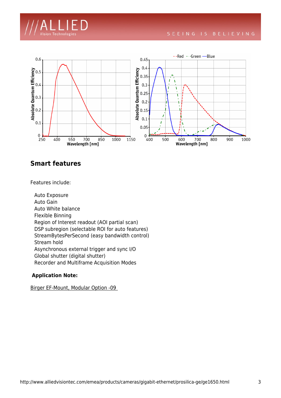 Smart features, Features include: auto exposure, Auto gain | Auto white balance, Flexible binning, Region of interest readout (aoi partial scan), Dsp subregion (selectable roi for auto features), Streambytespersecond (easy bandwidth control), Stream hold, Asynchronous external trigger and sync i/o | ALLIED Vision Technologies Prosilica GE1650 User Manual | Page 3 / 4