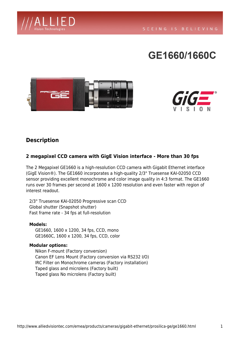 ALLIED Vision Technologies Prosilica GE1660 User Manual | 4 pages
