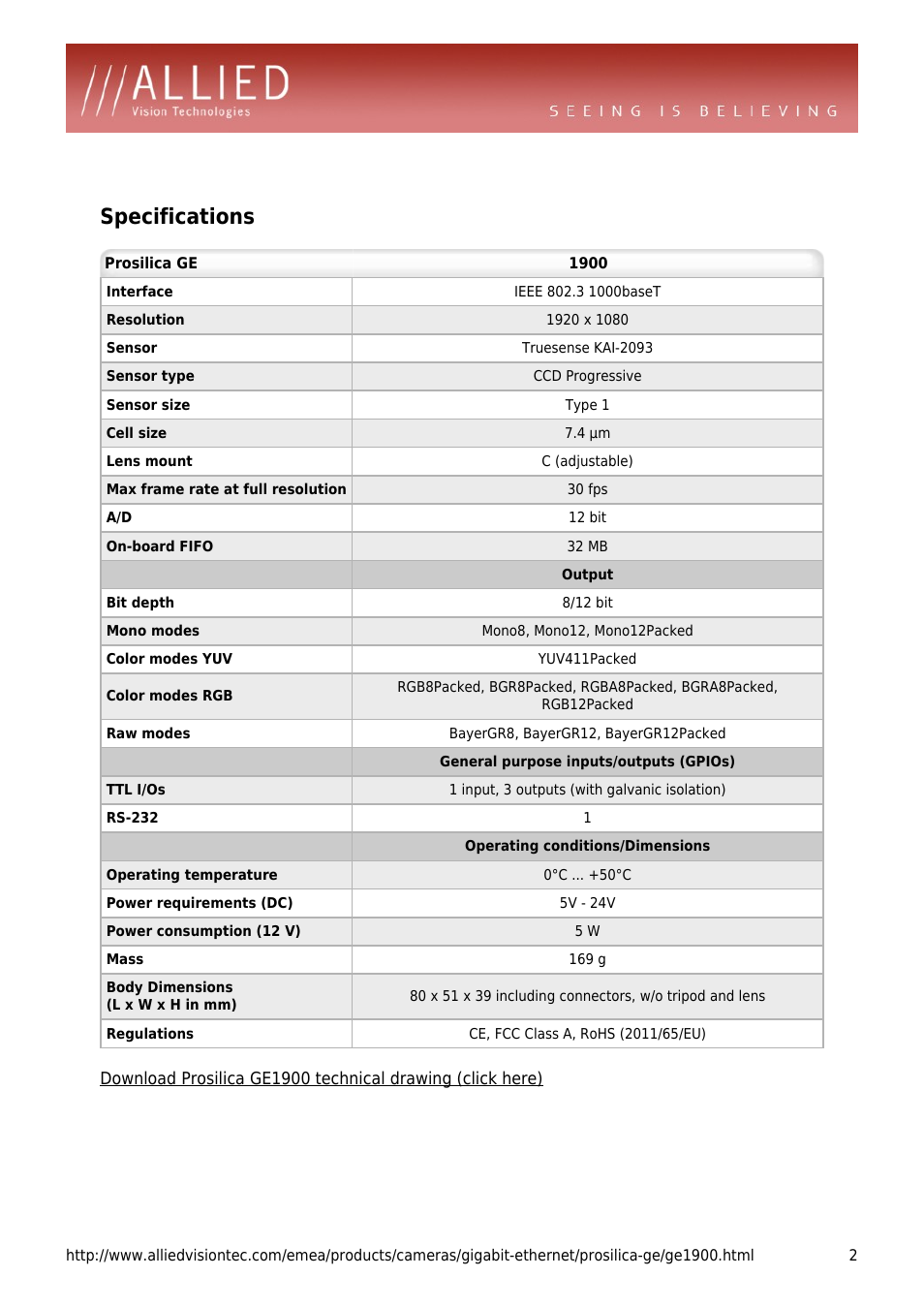 Specifications | ALLIED Vision Technologies Prosilica GE1900 User Manual | Page 2 / 4