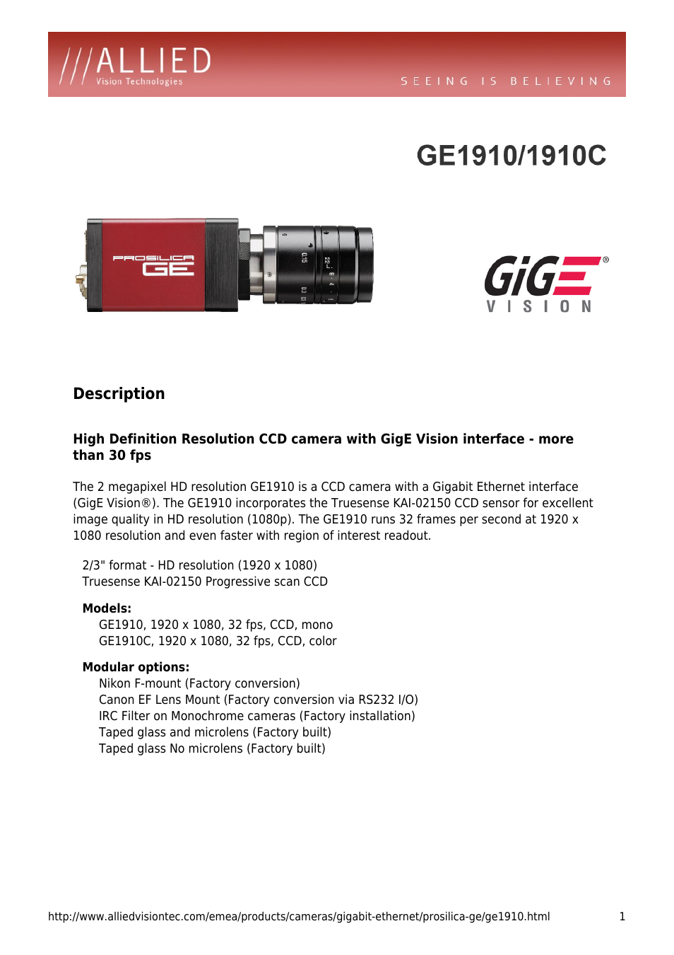 ALLIED Vision Technologies Prosilica GE1910 User Manual | 4 pages