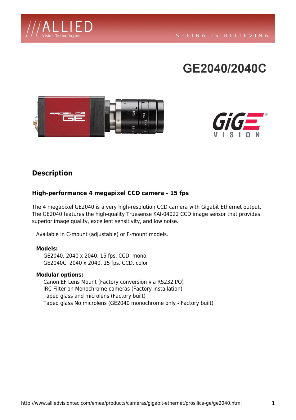 ALLIED Vision Technologies Prosilica GE2040 User Manual | 4 pages