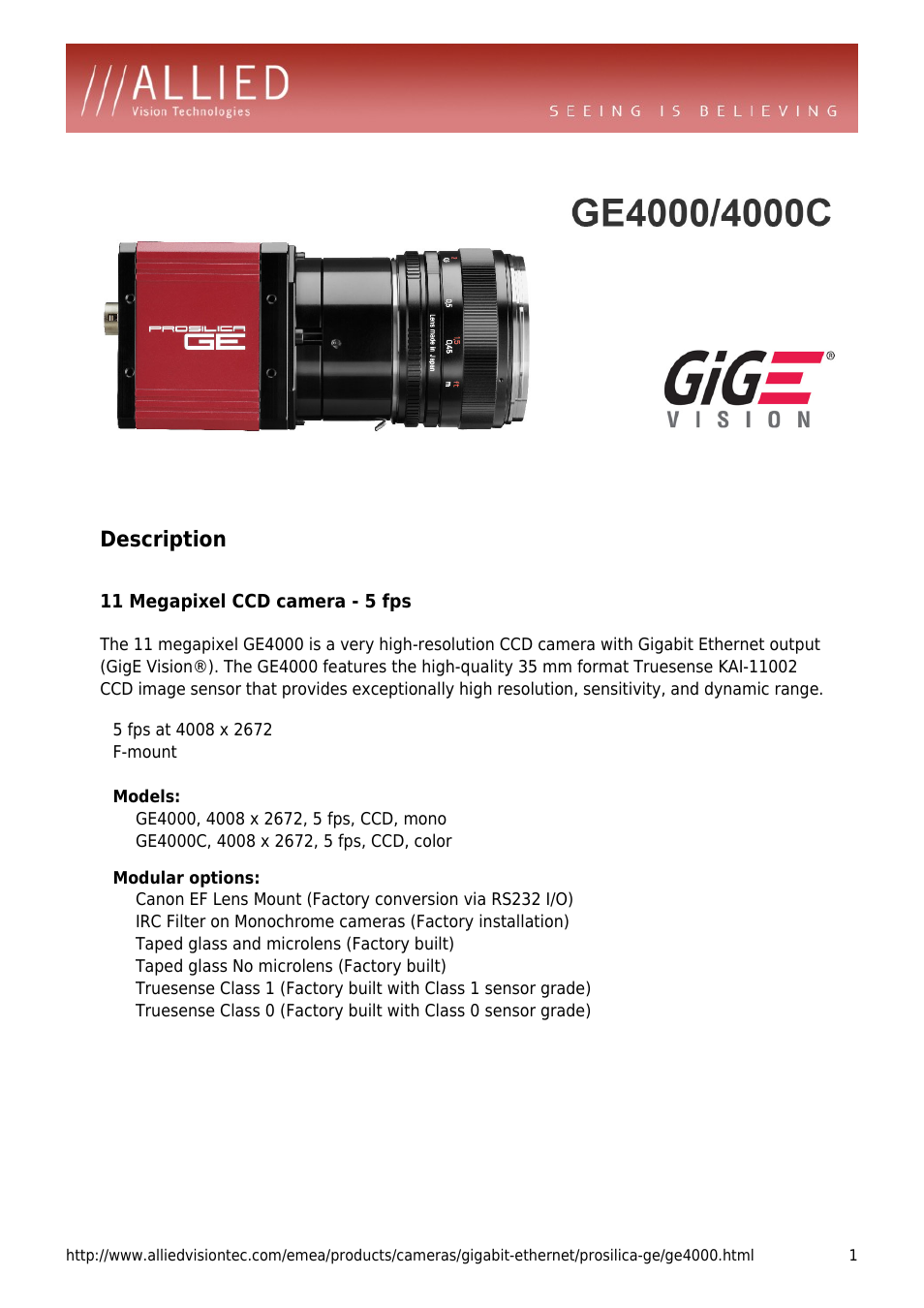 ALLIED Vision Technologies Prosilica GE4000 User Manual | 4 pages