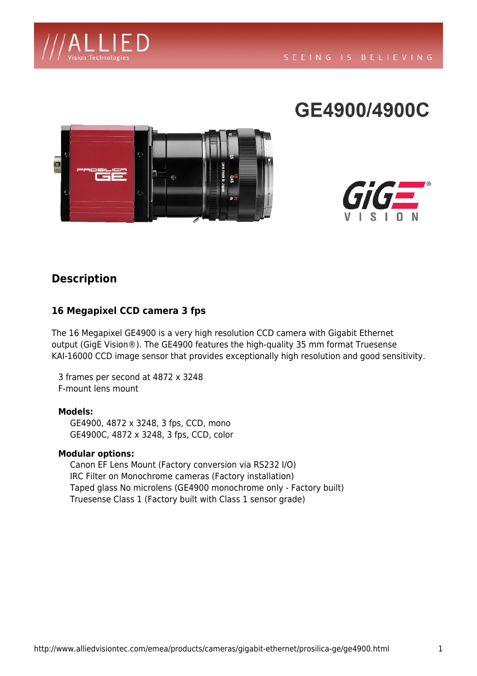 ALLIED Vision Technologies Prosilica GE4900 User Manual | 4 pages