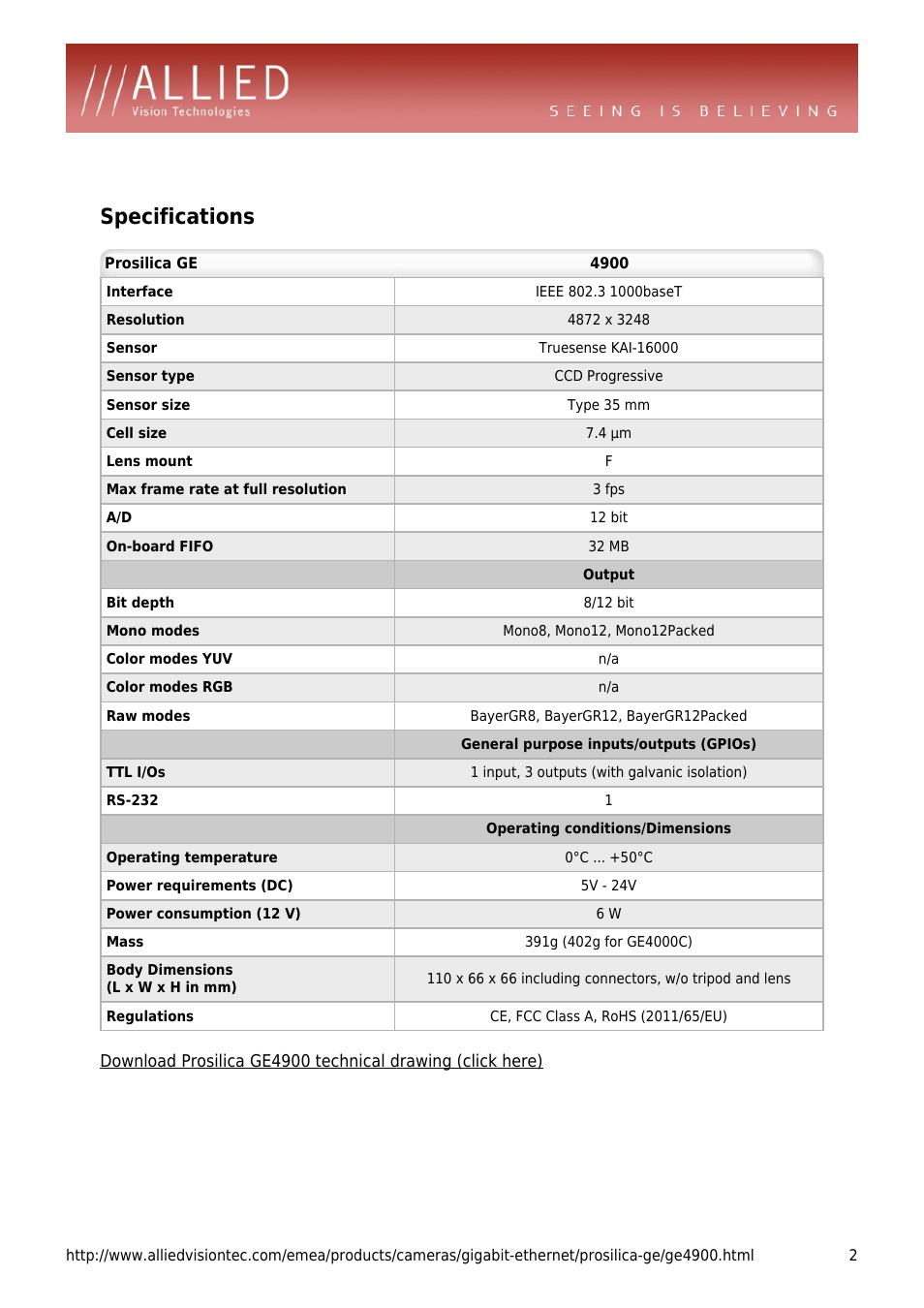 Specifications | ALLIED Vision Technologies Prosilica GE4900 User Manual | Page 2 / 4