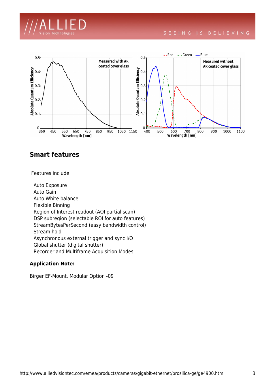 Smart features, Features include: auto exposure, Auto gain | Auto white balance, Flexible binning, Region of interest readout (aoi partial scan), Dsp subregion (selectable roi for auto features), Streambytespersecond (easy bandwidth control), Stream hold, Asynchronous external trigger and sync i/o | ALLIED Vision Technologies Prosilica GE4900 User Manual | Page 3 / 4