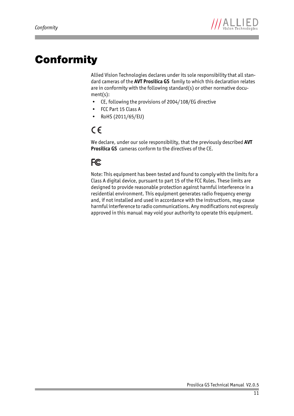 Conformity | ALLIED Vision Technologies Prosilica GS2450 User Manual | Page 11 / 45