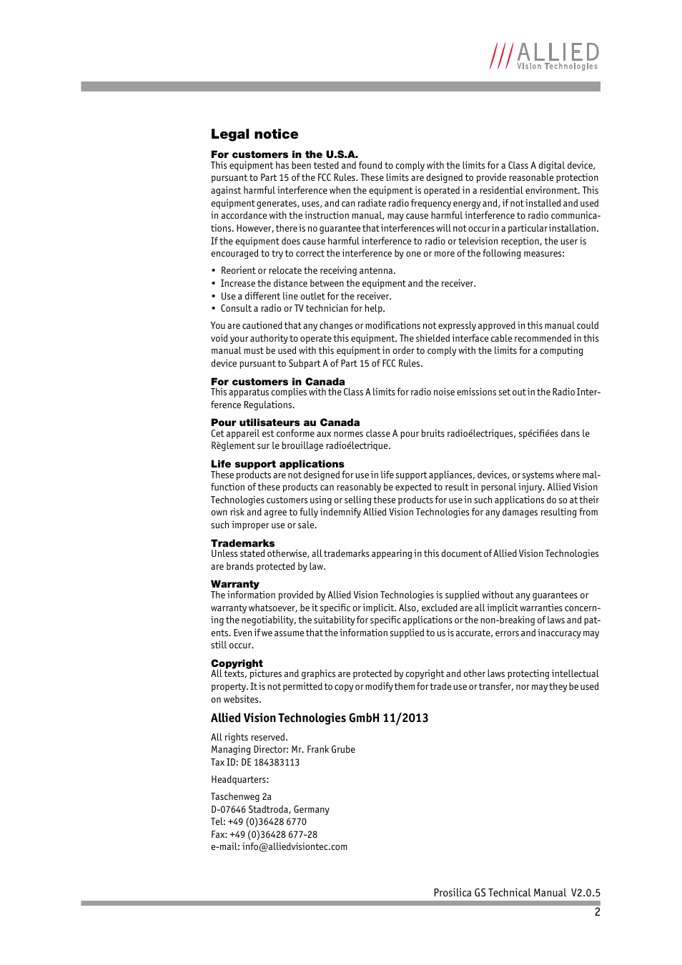 Legal notice | ALLIED Vision Technologies Prosilica GS2450 User Manual | Page 2 / 45