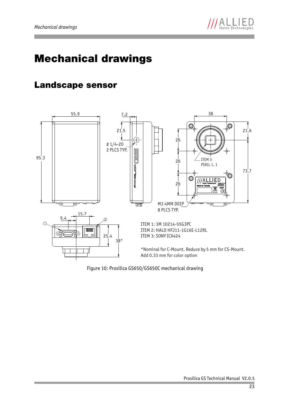 Mechanical drawings, Landscape sensor | ALLIED Vision Technologies Prosilica GS2450 User Manual | Page 23 / 45