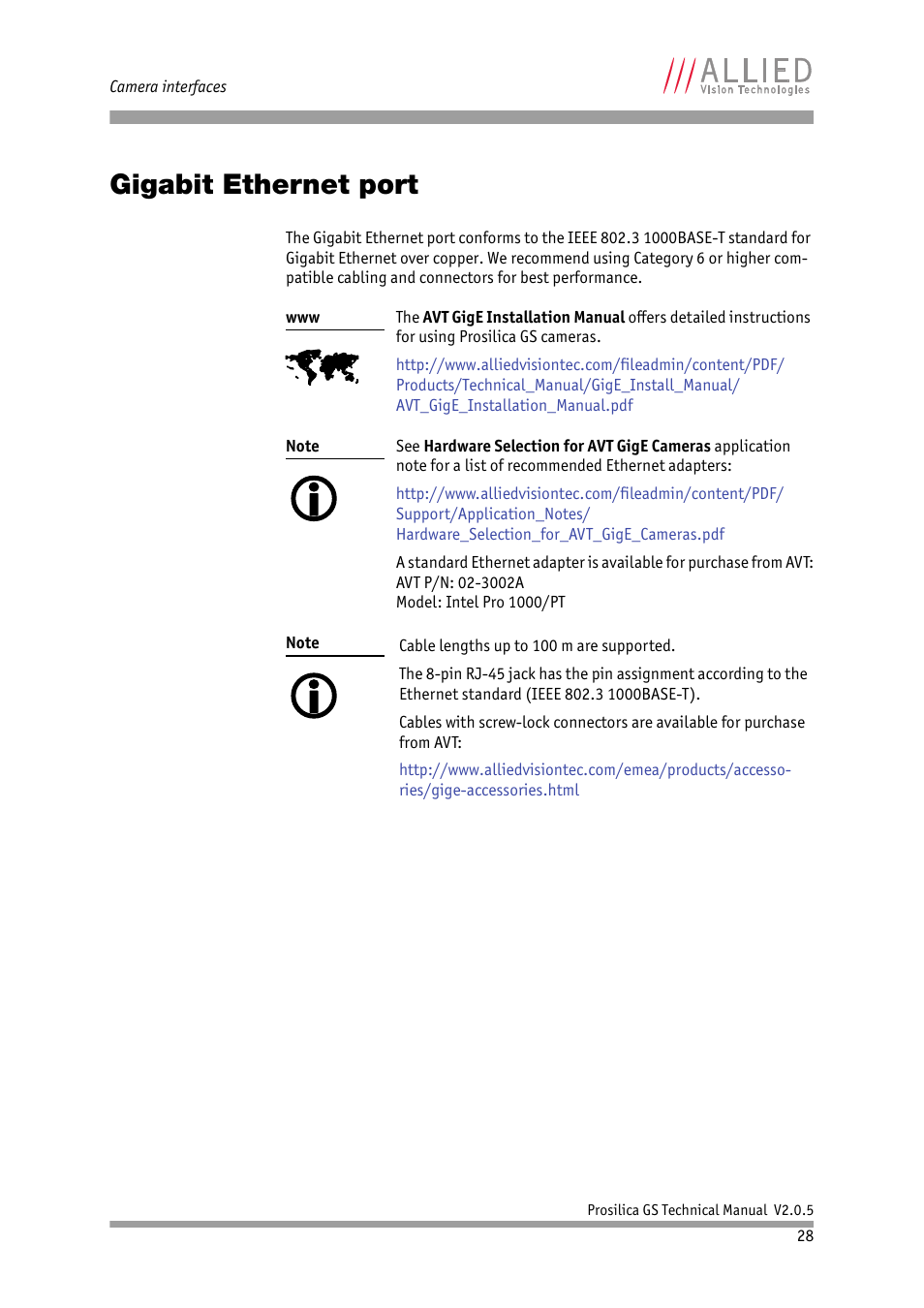 Gigabit ethernet port | ALLIED Vision Technologies Prosilica GS2450 User Manual | Page 28 / 45