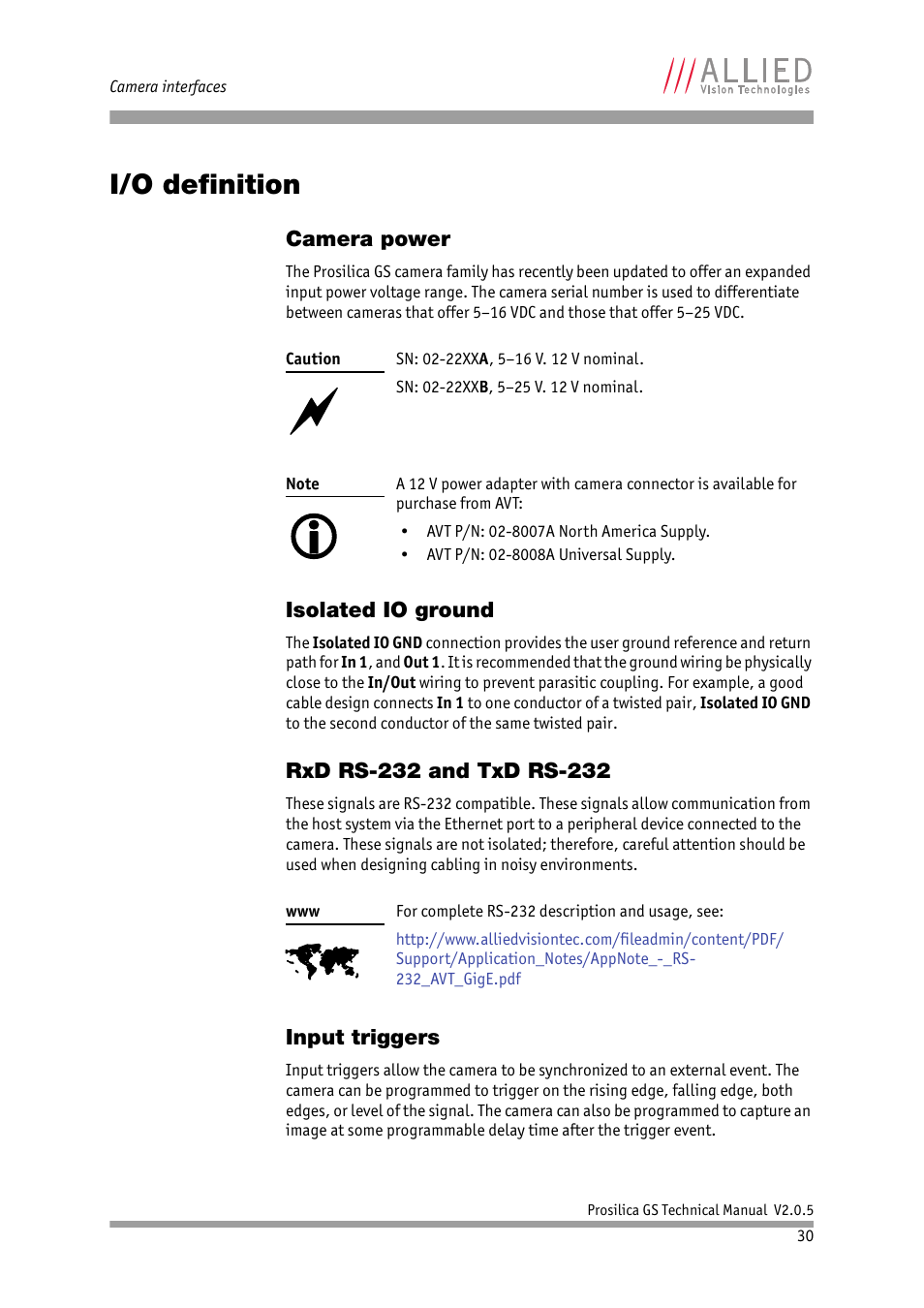 I/o definition, Camera power, Isolated io ground | Rxd rs-232 and txd rs-232, Input triggers | ALLIED Vision Technologies Prosilica GS2450 User Manual | Page 30 / 45