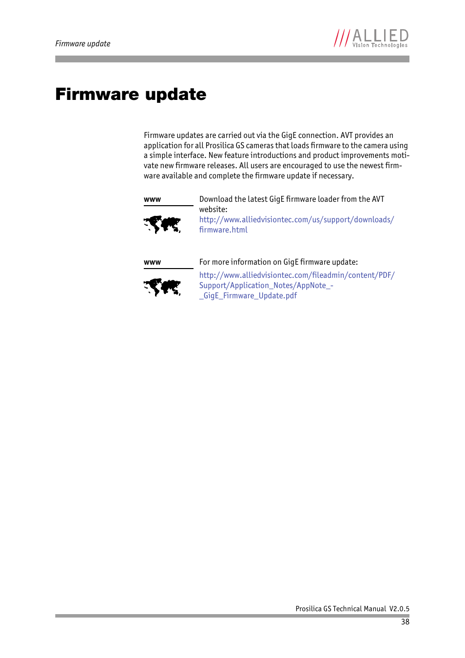 Firmware update | ALLIED Vision Technologies Prosilica GS2450 User Manual | Page 38 / 45