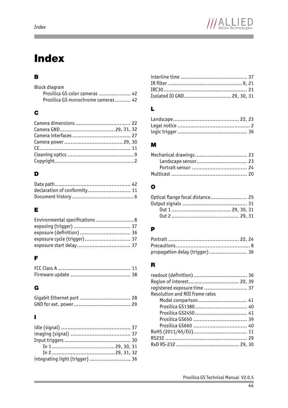 Index | ALLIED Vision Technologies Prosilica GS2450 User Manual | Page 44 / 45