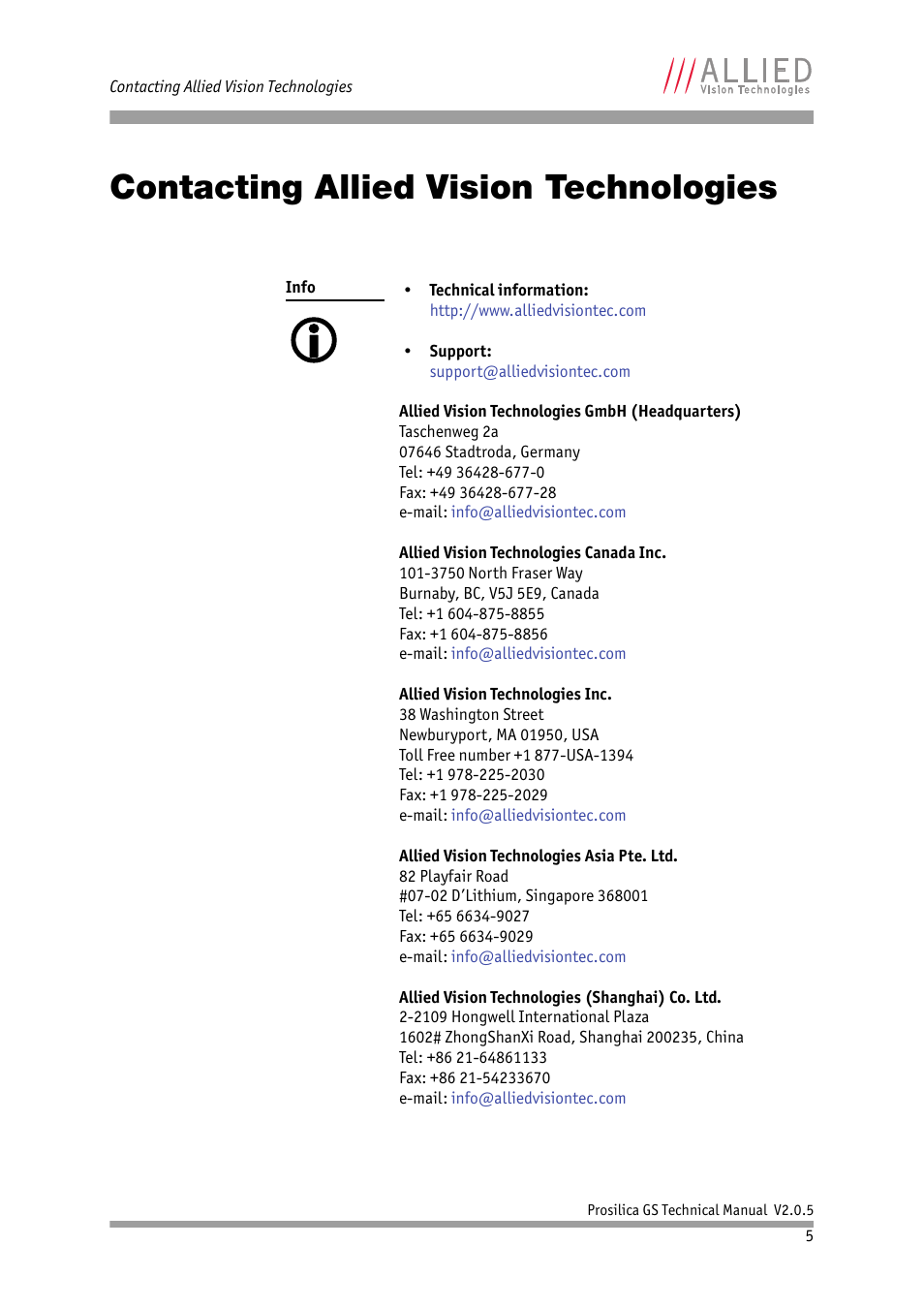 Contacting allied vision technologies | ALLIED Vision Technologies Prosilica GS2450 User Manual | Page 5 / 45