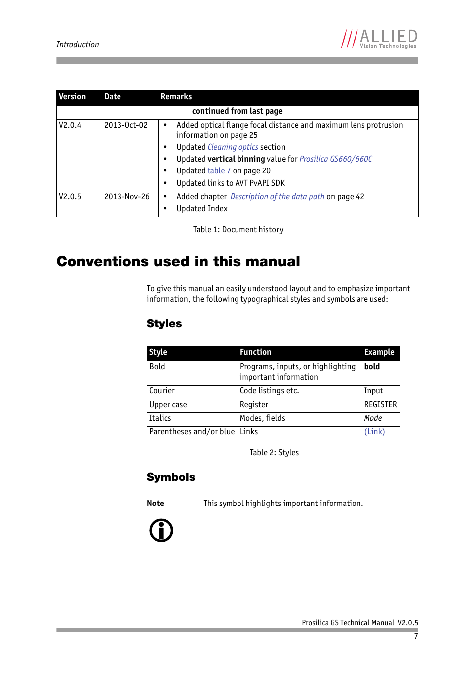 Conventions used in this manual, Styles, Symbols | Styles symbols | ALLIED Vision Technologies Prosilica GS2450 User Manual | Page 7 / 45