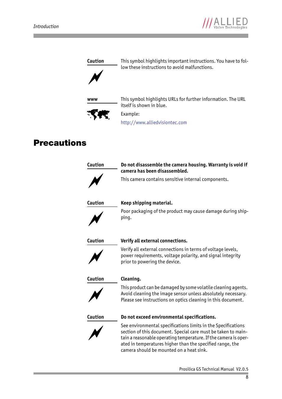 Precautions | ALLIED Vision Technologies Prosilica GS2450 User Manual | Page 8 / 45