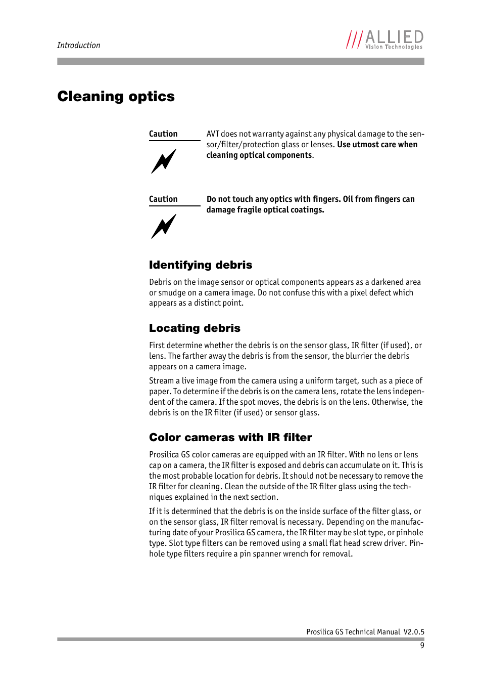 Cleaning optics, Identifying debris, Locating debris | Color cameras with ir filter, Section | ALLIED Vision Technologies Prosilica GS2450 User Manual | Page 9 / 45