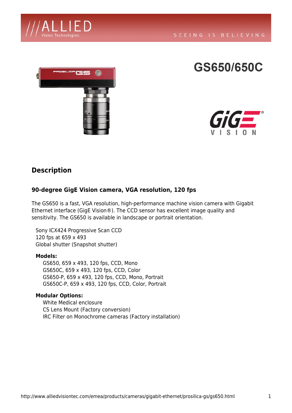 ALLIED Vision Technologies Prosilica GS650 User Manual | 4 pages