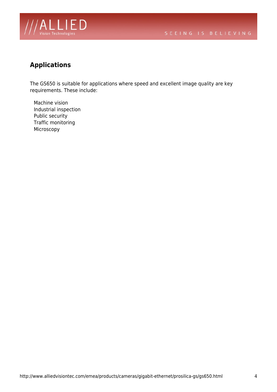 Applications | ALLIED Vision Technologies Prosilica GS650 User Manual | Page 4 / 4