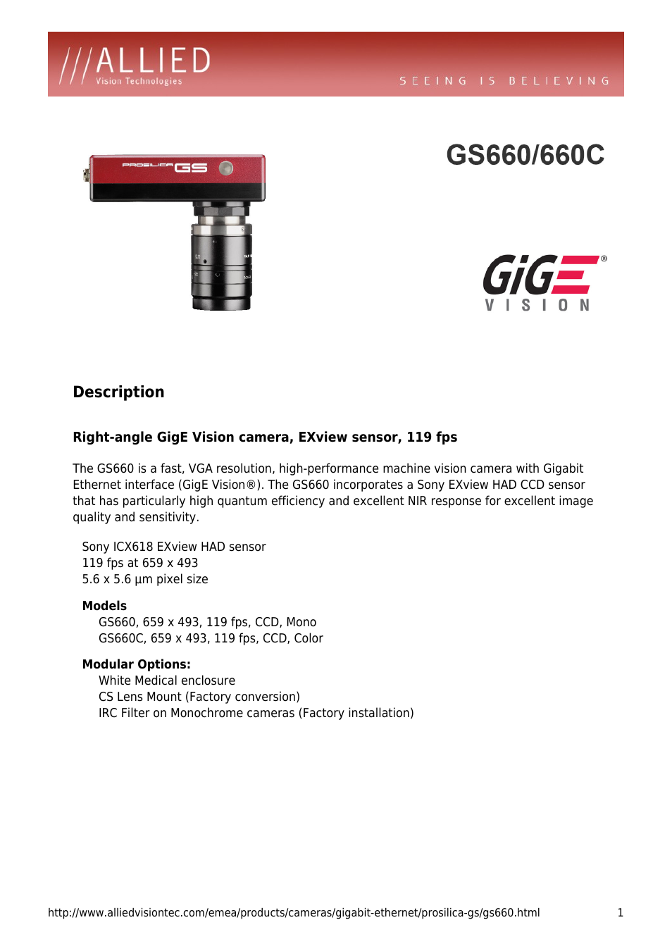 ALLIED Vision Technologies Prosilica GS660 User Manual | 4 pages