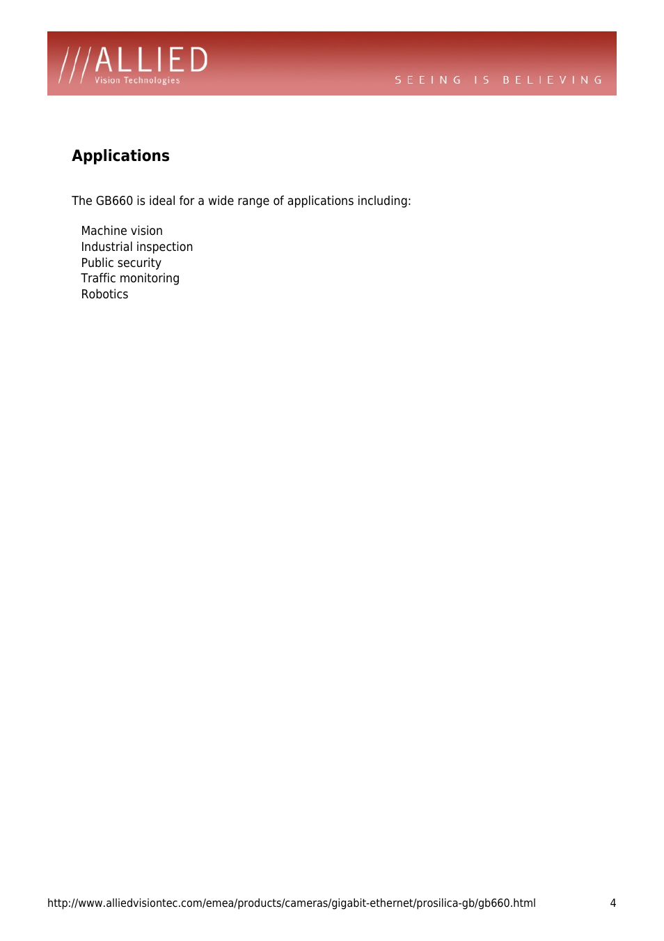 Applications | ALLIED Vision Technologies Prosilica GB660 User Manual | Page 4 / 4