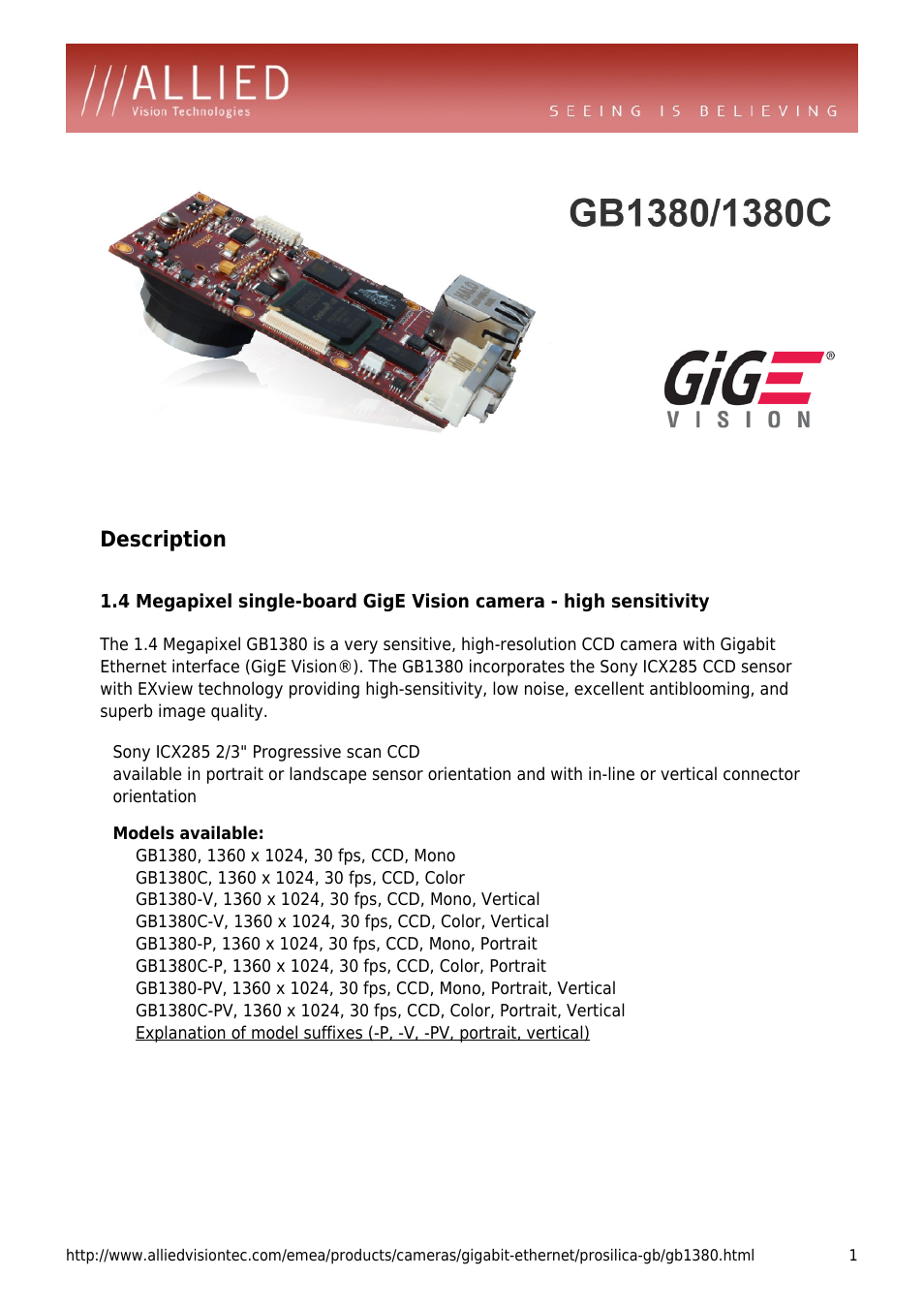 ALLIED Vision Technologies Prosilica GB1380 User Manual | 4 pages