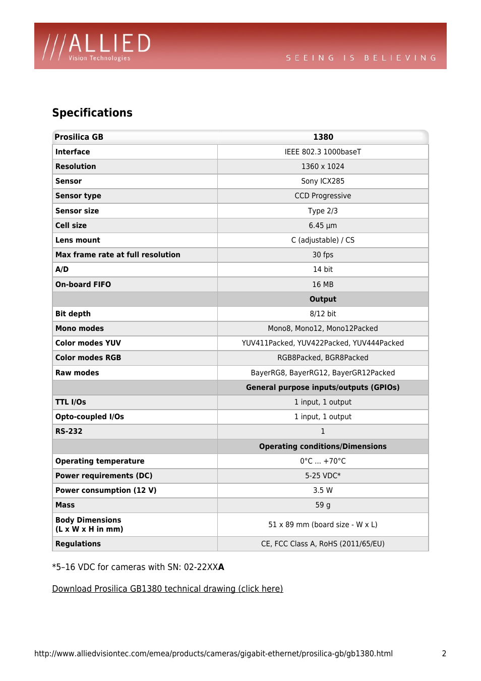 Specifications | ALLIED Vision Technologies Prosilica GB1380 User Manual | Page 2 / 4