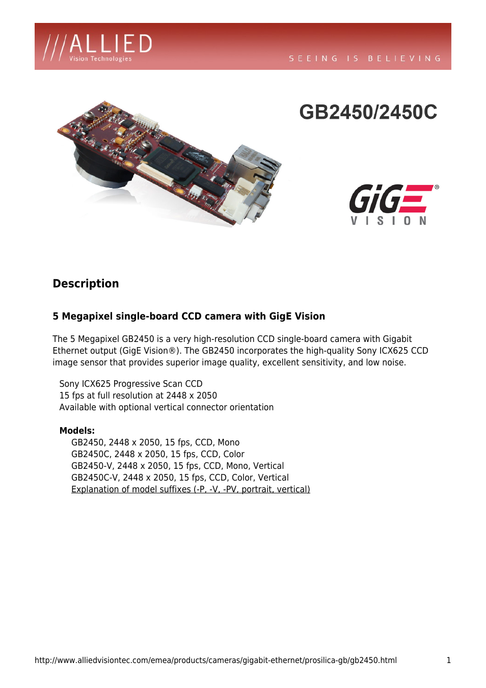 ALLIED Vision Technologies Prosilica GB2450 User Manual | 4 pages