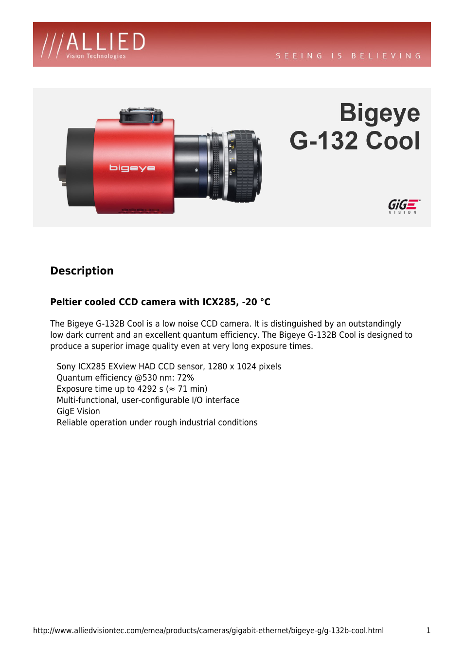 ALLIED Vision Technologies Bigeye G-132 Cool User Manual | 4 pages