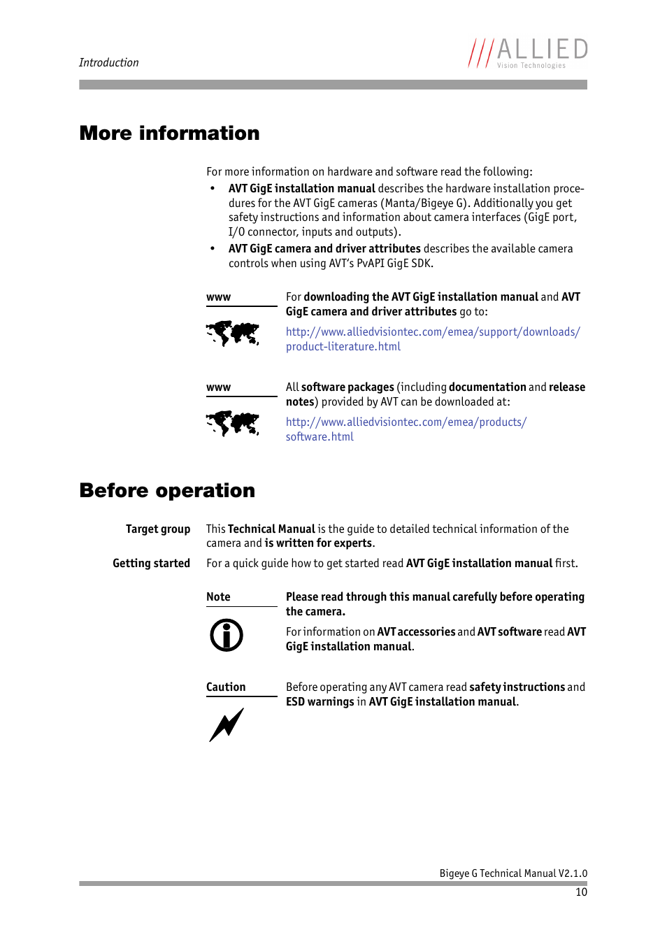 More information, Before operation, More information before operation | ALLIED Vision Technologies Bigeye G-1100 Cool User Manual | Page 10 / 58