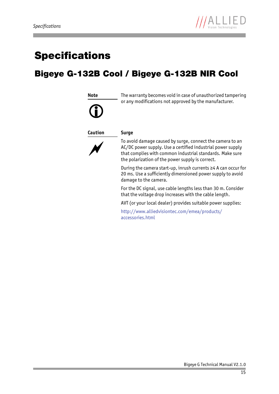 Specifications, Bigeye g-132b cool / bigeye g-132b nir cool, Chapter | ALLIED Vision Technologies Bigeye G-1100 Cool User Manual | Page 15 / 58