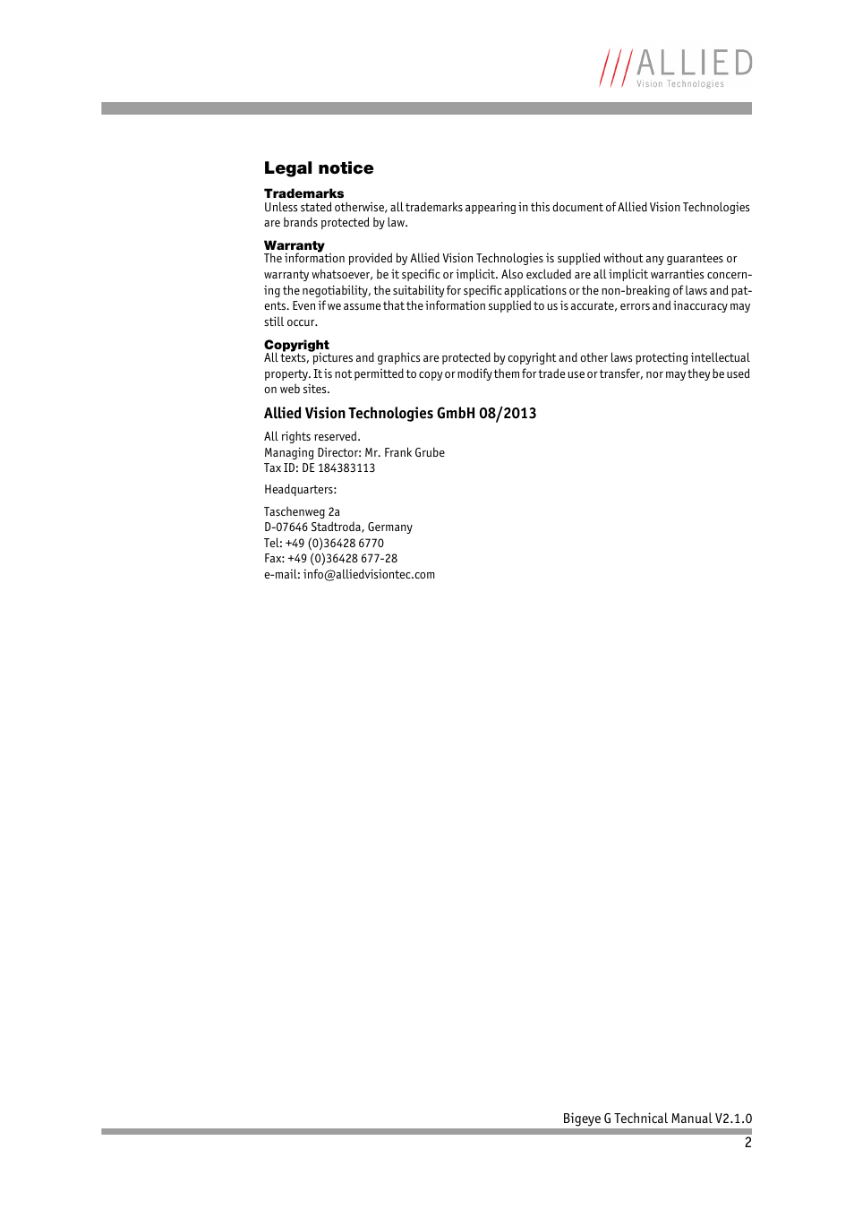 Legal notice | ALLIED Vision Technologies Bigeye G-1100 Cool User Manual | Page 2 / 58