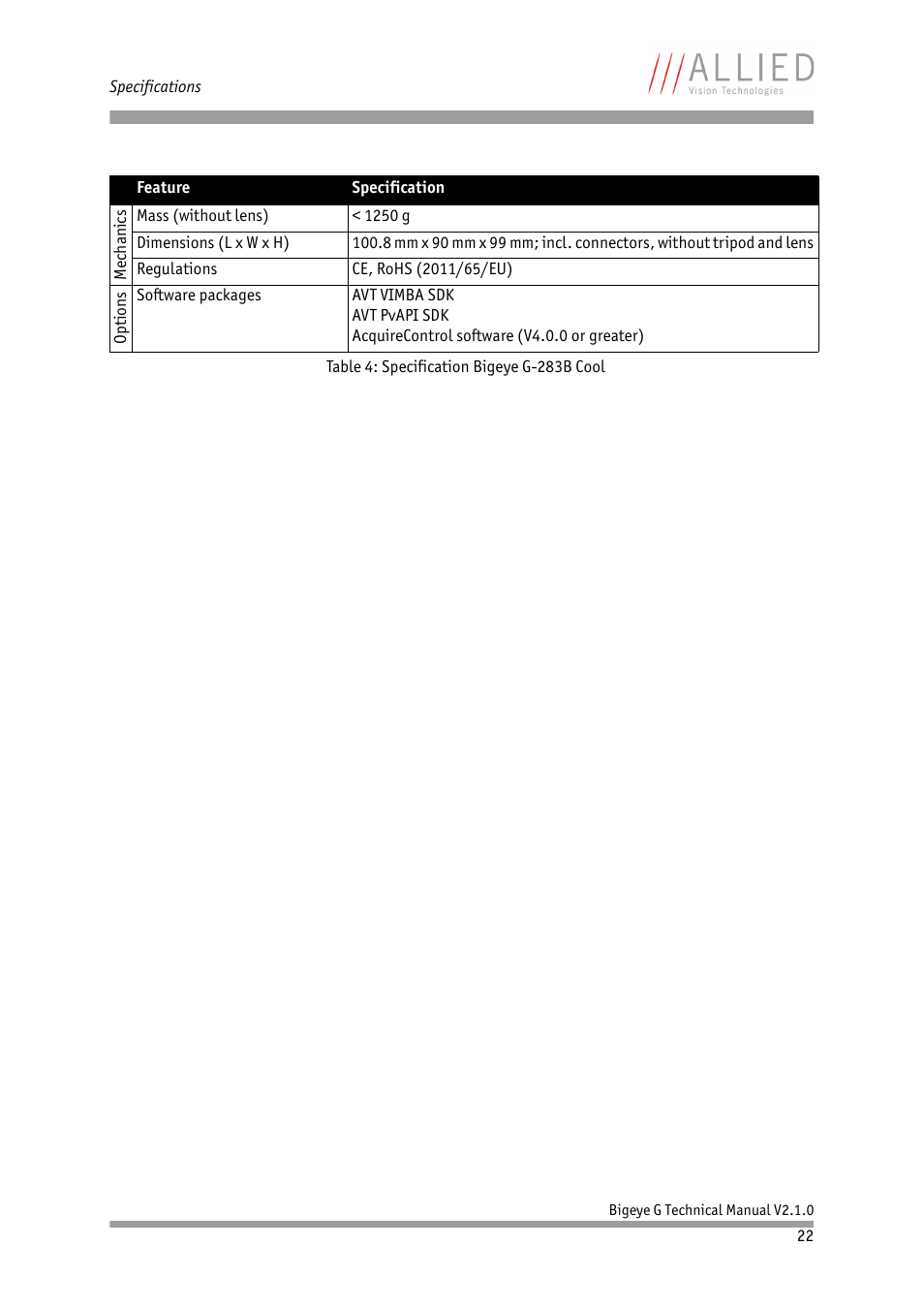 ALLIED Vision Technologies Bigeye G-1100 Cool User Manual | Page 22 / 58