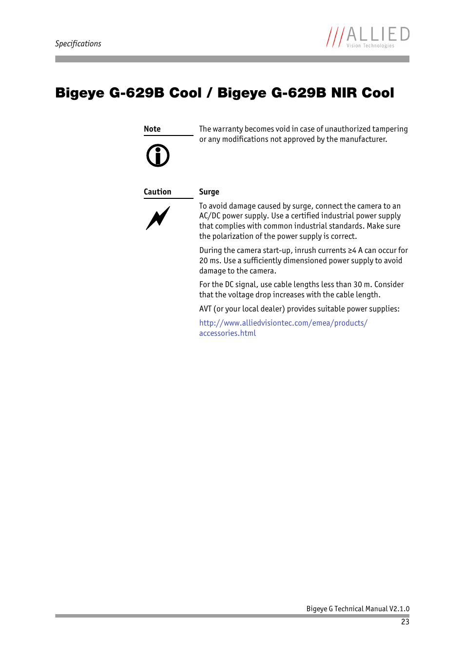 Bigeye g-629b cool / bigeye g-629b nir cool | ALLIED Vision Technologies Bigeye G-1100 Cool User Manual | Page 23 / 58