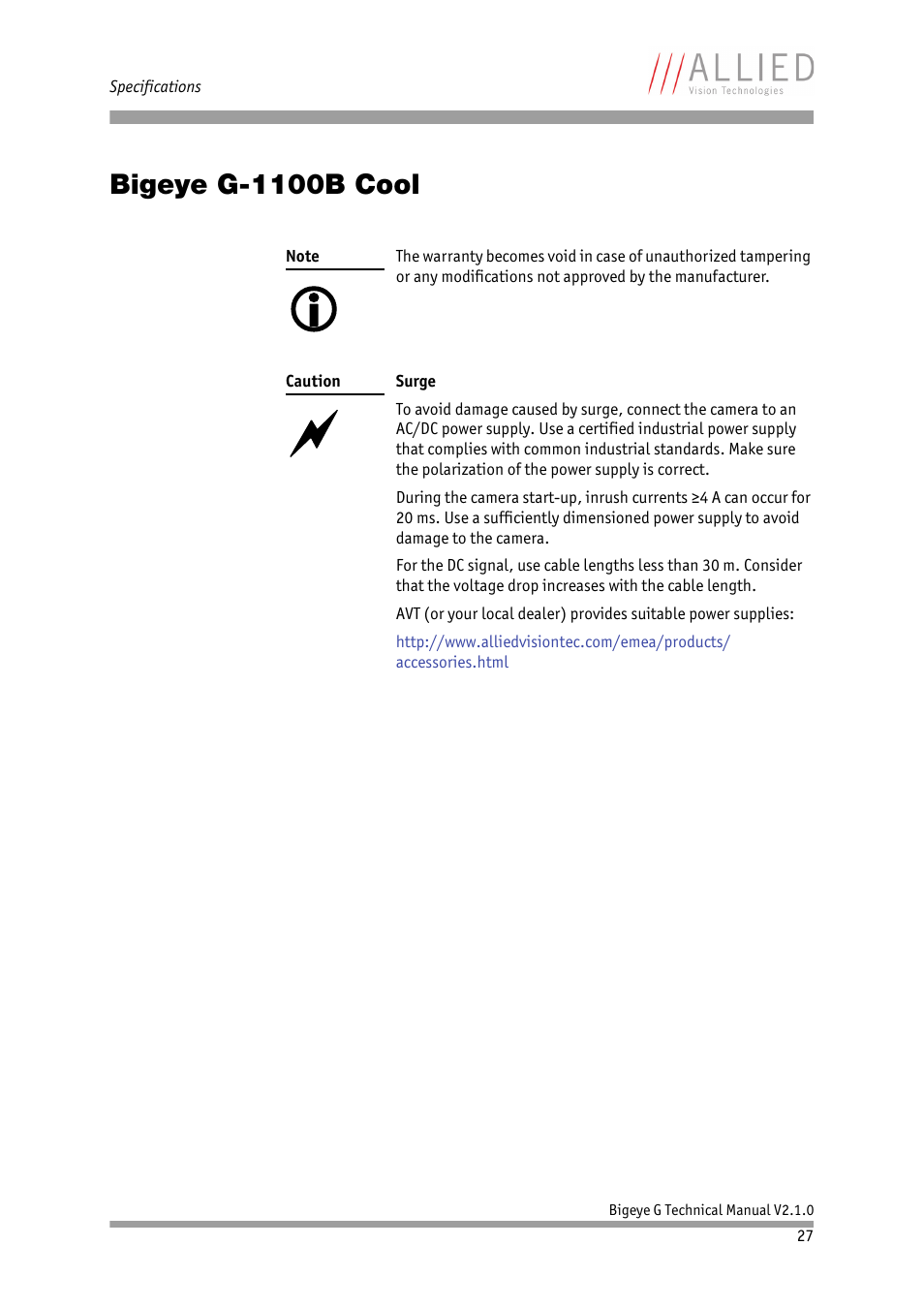 Bigeye g-1100b cool | ALLIED Vision Technologies Bigeye G-1100 Cool User Manual | Page 27 / 58