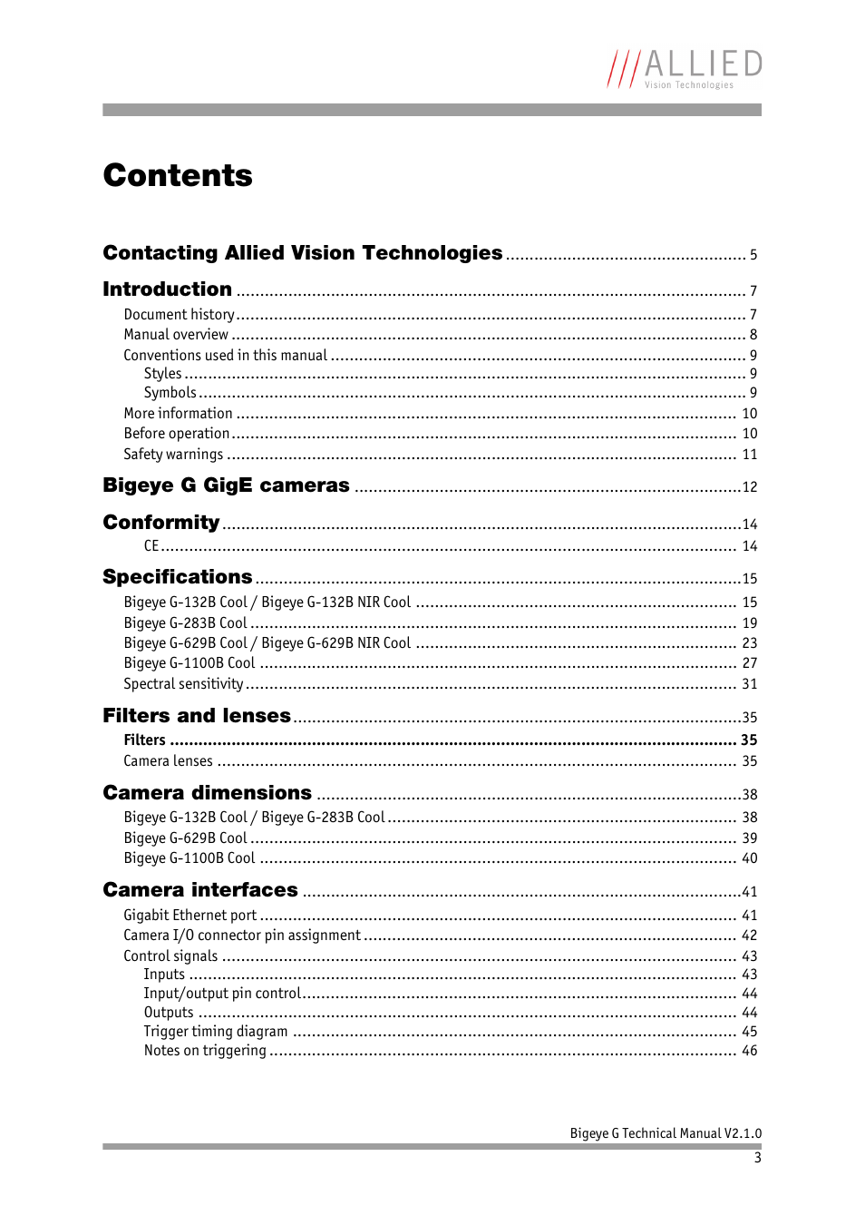 ALLIED Vision Technologies Bigeye G-1100 Cool User Manual | Page 3 / 58