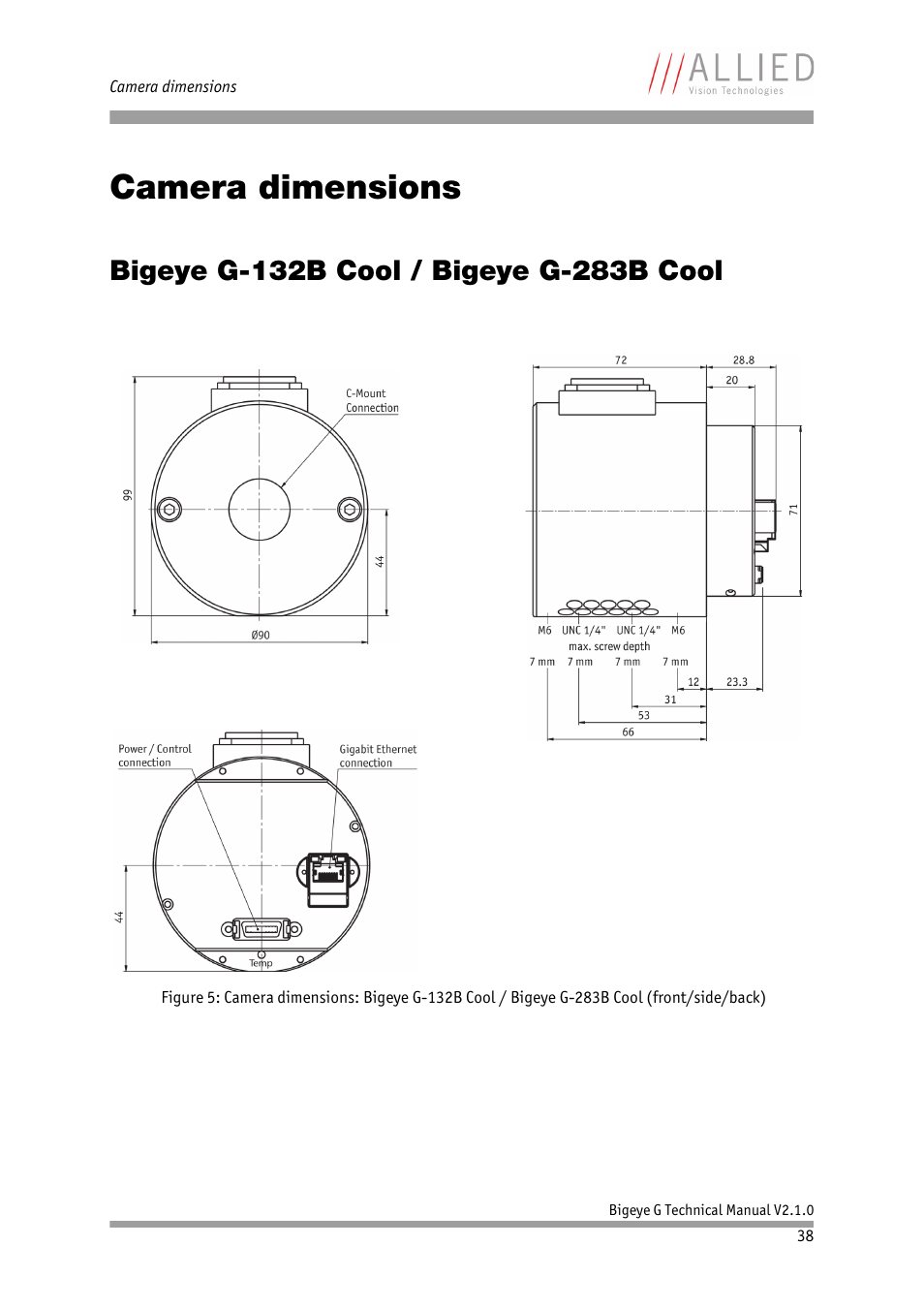 Camera dimensions, Bigeye g-132b cool / bigeye g-283b cool, Chapter | ALLIED Vision Technologies Bigeye G-1100 Cool User Manual | Page 38 / 58