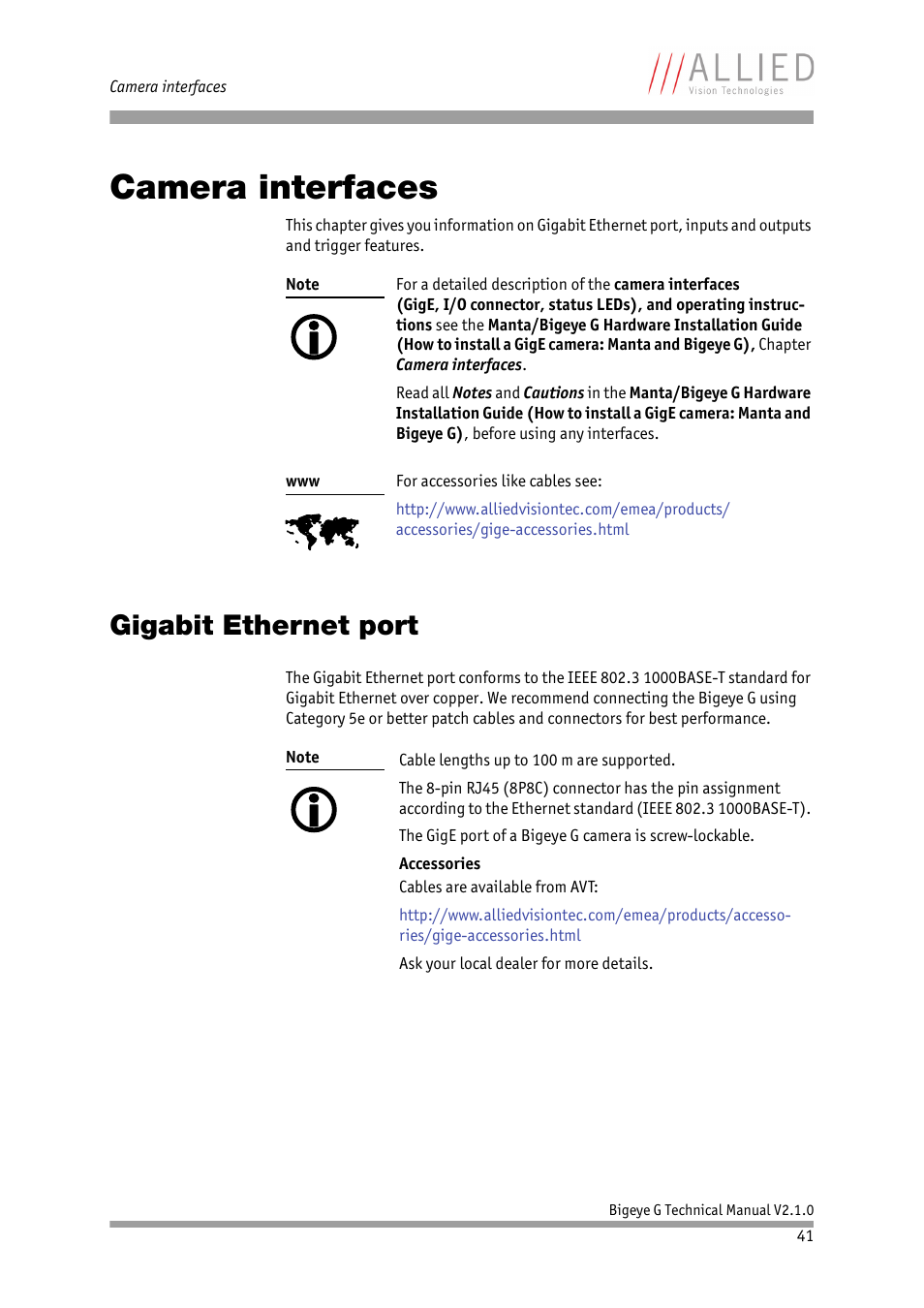 Camera interfaces, Gigabit ethernet port, Chapter | ALLIED Vision Technologies Bigeye G-1100 Cool User Manual | Page 41 / 58