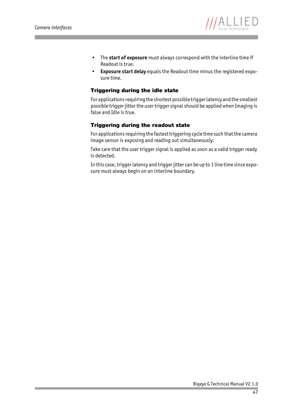 Triggering during the idle state, Triggering during the readout state | ALLIED Vision Technologies Bigeye G-1100 Cool User Manual | Page 47 / 58