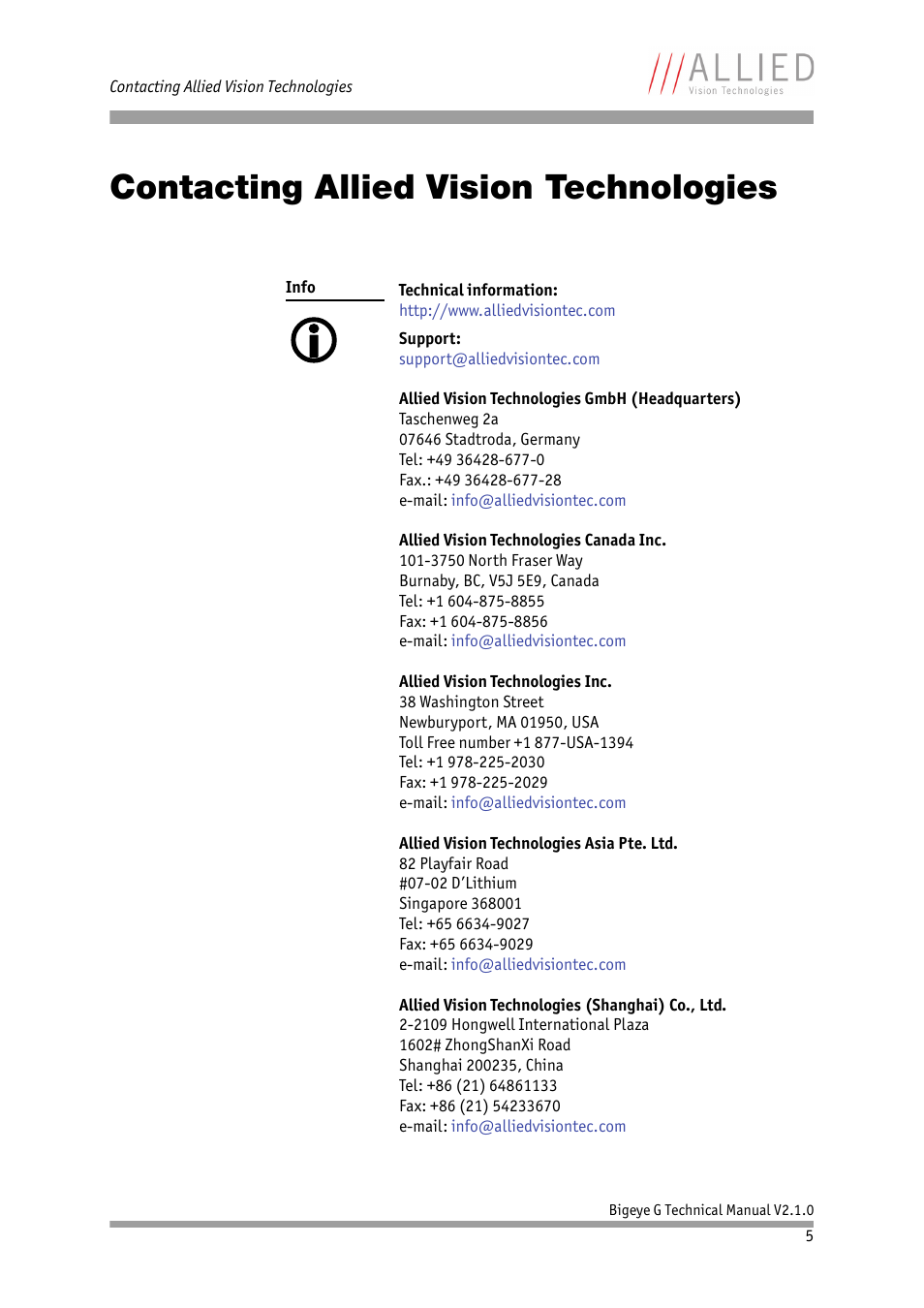 Contacting allied vision technologies | ALLIED Vision Technologies Bigeye G-1100 Cool User Manual | Page 5 / 58